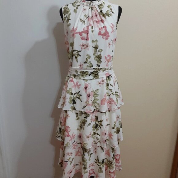 Jessica Howard Woman's Size 14 White Floral Belted Tiered dress - Picture 1 of 13